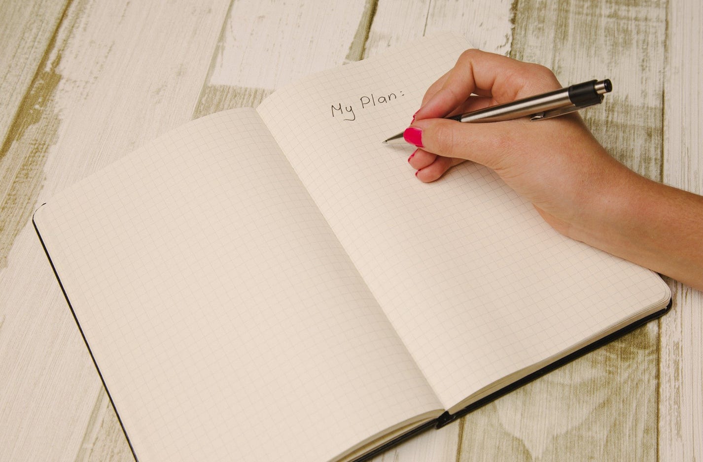 Hand holding pen and writing "My Plan:" in a personal journal